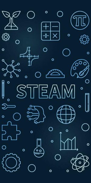 steam-science-concept-blue-thin-line-vertical-banner-science-technology-engineering-arts-and-math-linear-illustration-vector